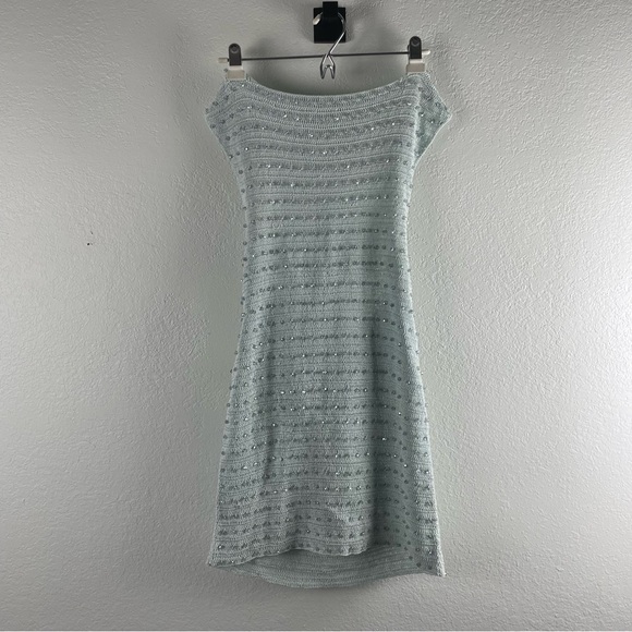 Aya Muse Dosa Sky Melt Knit Beaded Halter Mini Dress Large Blue Cocktail Party - Picture 3 of 8